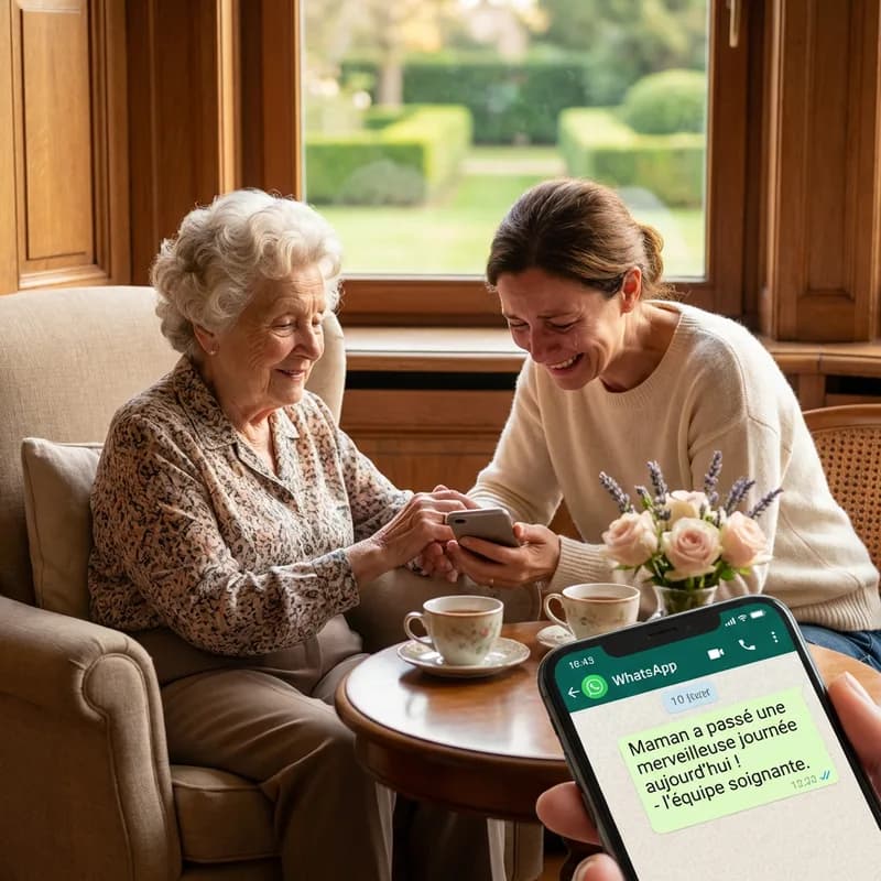 Famille recevant des nouvelles via WhatsApp
