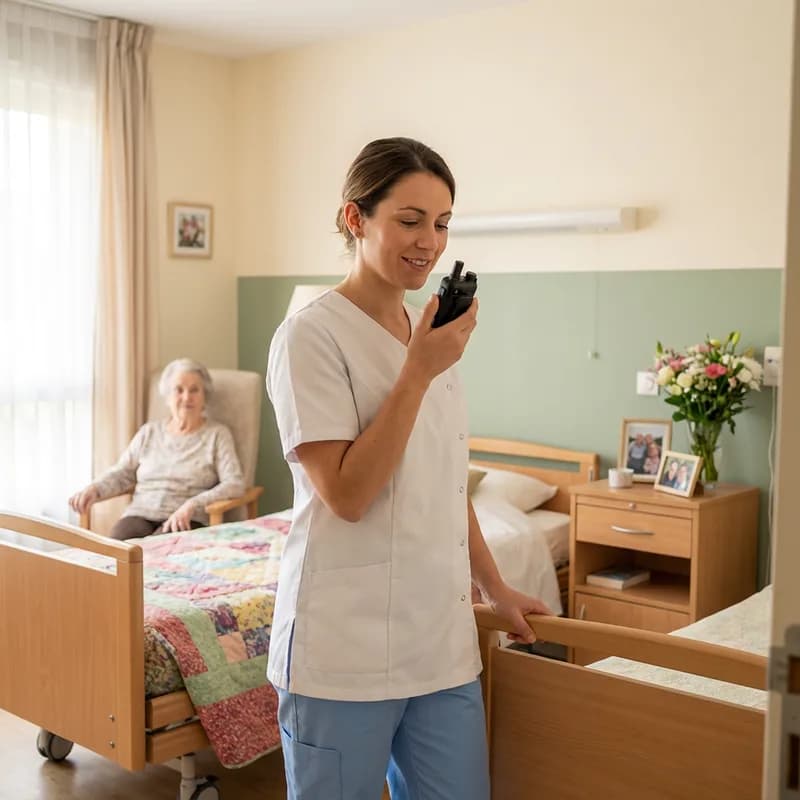 Aide-soignante dictant une transmission vocale avec le terminal vocal Marcelle