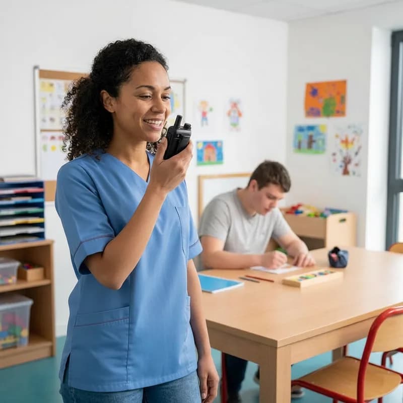 Éducatrice dictant une transmission sur le terminal vocal en IME